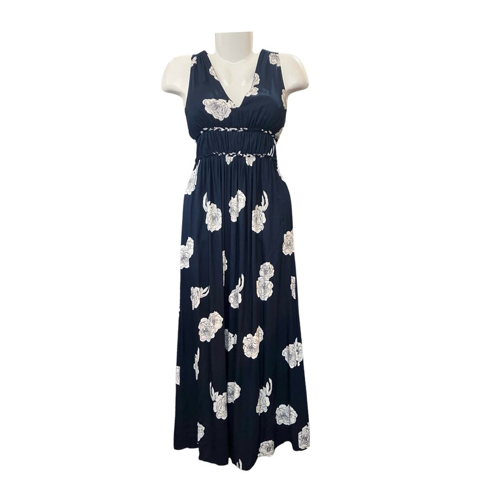 JAPNA Women's Navy Cream Floral Print Smocked Waist Maxi Boho Feminine Dress XS - Picture 10 of 10